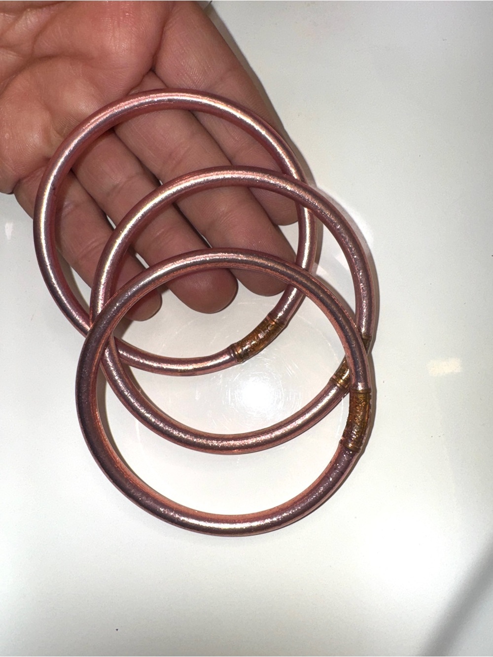 Budhagirl all weather bangles LARGE~Set of Three Metallic Rose Gold Bangles - Picture 4 of 9